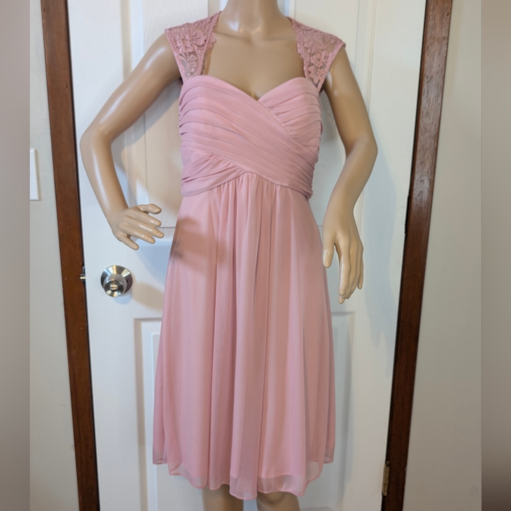 Scarlett Blush Pink Lace-Shoulder Empire Waist Formal Midi Dress- 6